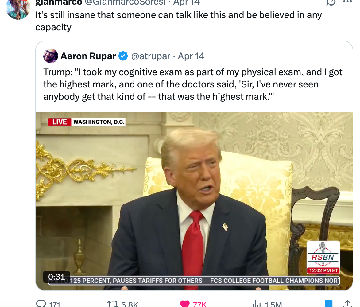Screenshot of a tweet by Aaron Rupar showing Donald Trump discussing his cognitive exam on TV. The tweet is commented on by another user