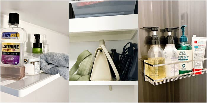 バスルーム収納:リステリンやポンプボトルが棚に整理され、他にクリームやバッグが見える。