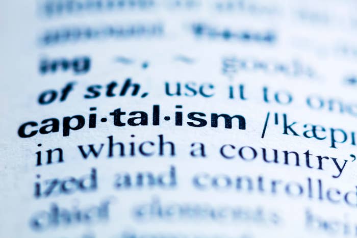 Close-up of a dictionary page with the word "capitalism" in bold, showing its pronunciation and part of the definition