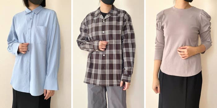 3人がカジュアルなシャツを着てポーズをとっている。左は無地のボタンシャツ、中はチェック柄、右はシンプルなデザインのトップス。