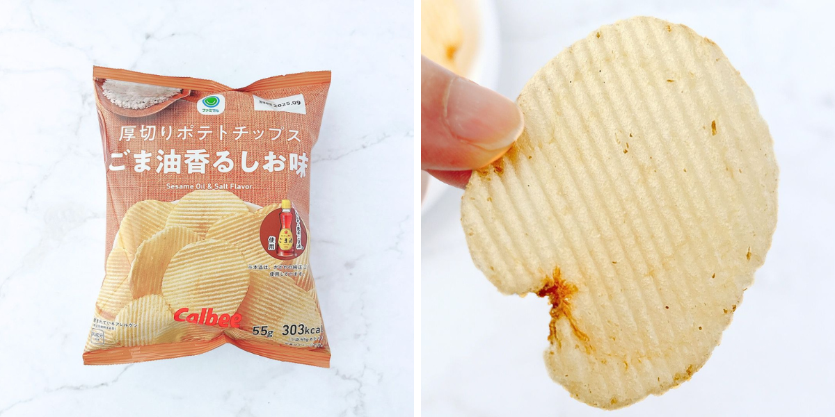 ごま油香るしお味の厚切りポテトチップスのパッケージとチップス。カリッとした食感が特徴。