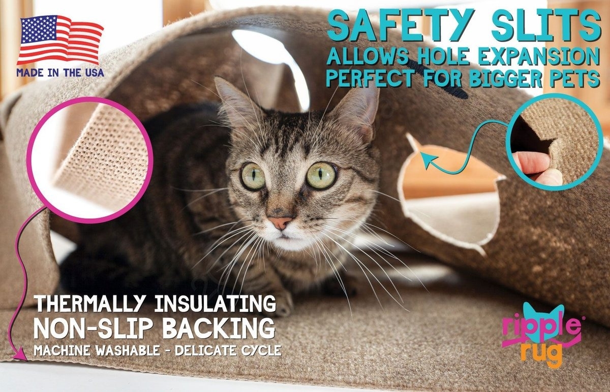 Cat inside a textured Ripple Rug, with features like safety slits and thermal insulation highlighted for pet comfort. Made in the USA