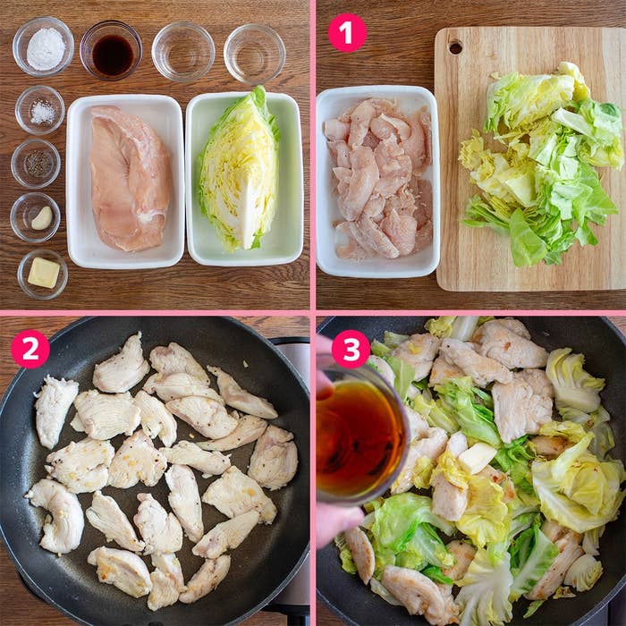 調味料と鶏肉を使ってキャベツと一緒に料理する手順を示した4コマ画像。手順1-3が示されている。