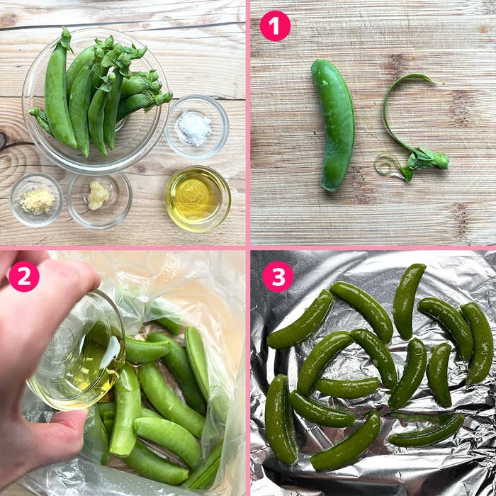 えんどうのロースト手順:1. 食材を準備。2. オリーブオイルを加える。3.焼く。