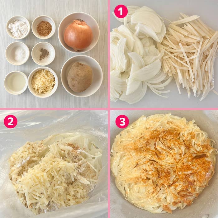 調理手順: スライスした玉ねぎとじゃがいもを混ぜ合わせ、パティのように焼く。