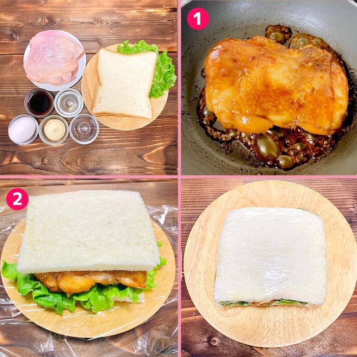 4コマ漫画:1. 調味料と鶏肉を準備し、焼く。2. 焼いた鶏肉と野菜をパンで挟み、サンドイッチ完成。