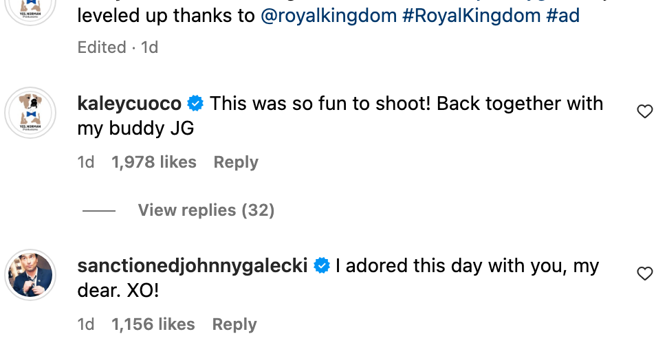Social media post with comments from Kaley Cuoco and Johnny Galecki about enjoying filming together
