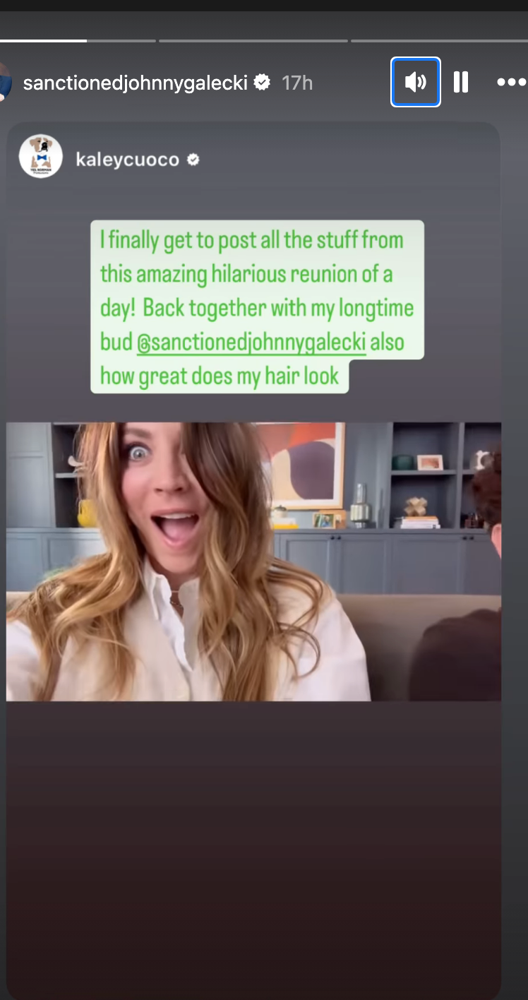 Screenshot of an Instagram story featuring Kaley Cuoco looking excited