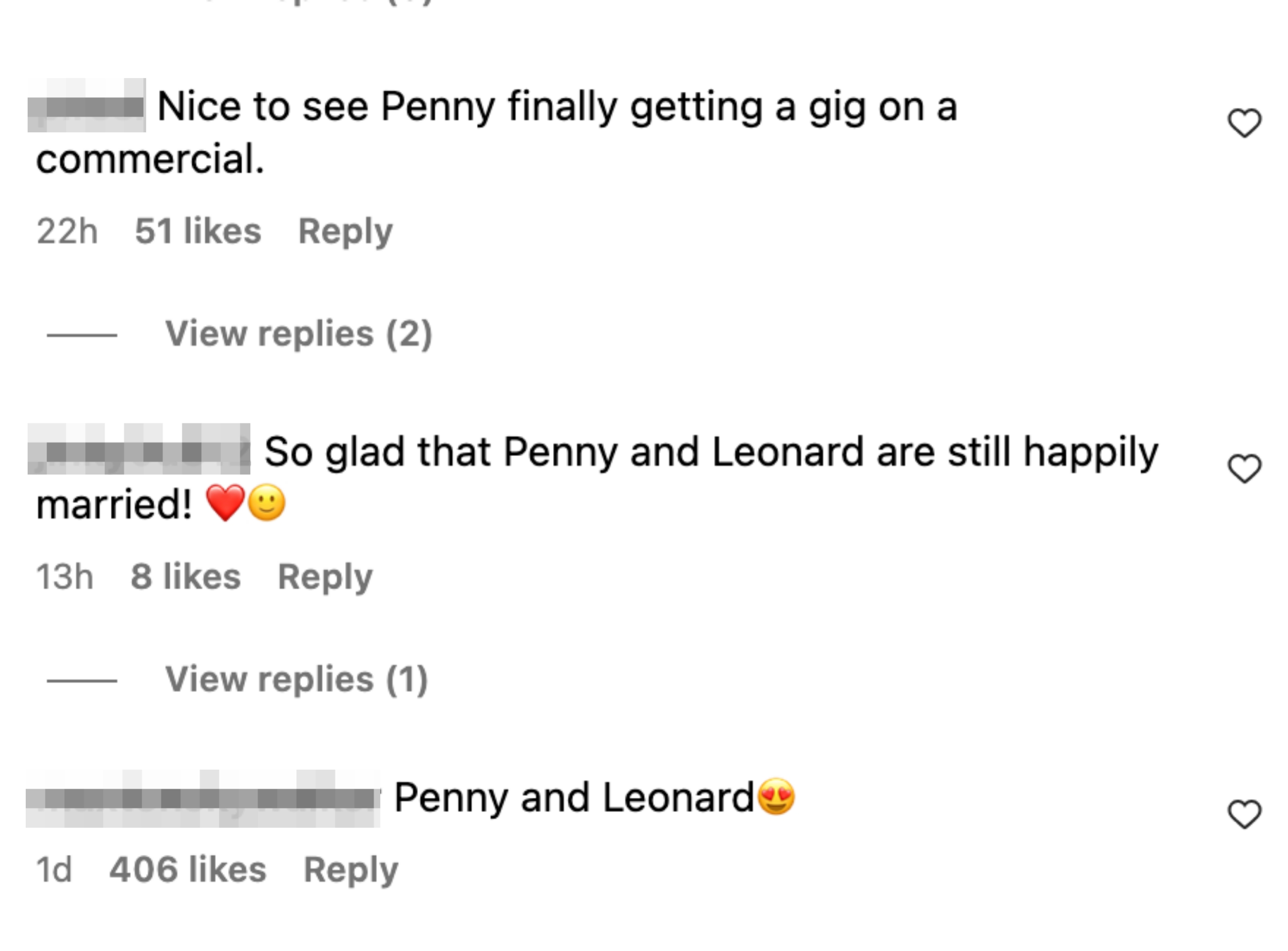 Social media comments with users expressing love for Penny and Leonard