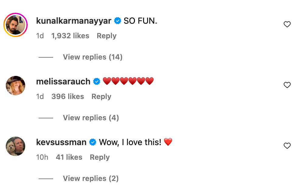 Screenshot of social media comments from Kunal Nayyar, Melissa Rauch, and Kevin Sussman expressing excitement and love