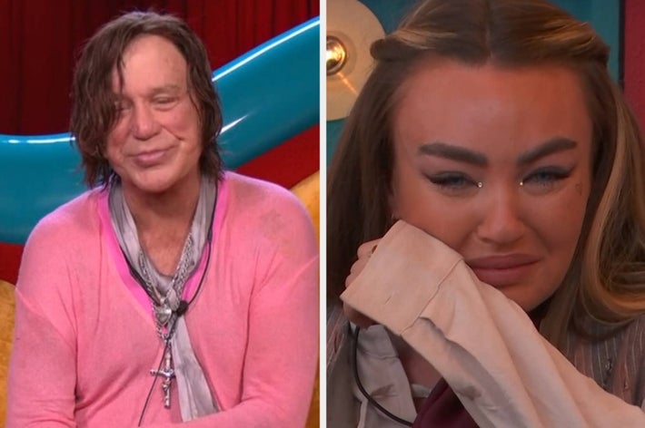 Two people sit in separate images. The left person wears layered casual clothing; the right person appears emotional, wiping a tear with a sleeve