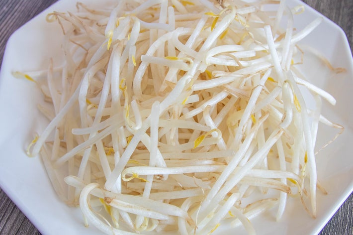 白い皿に盛られたもやしのクローズアップ。