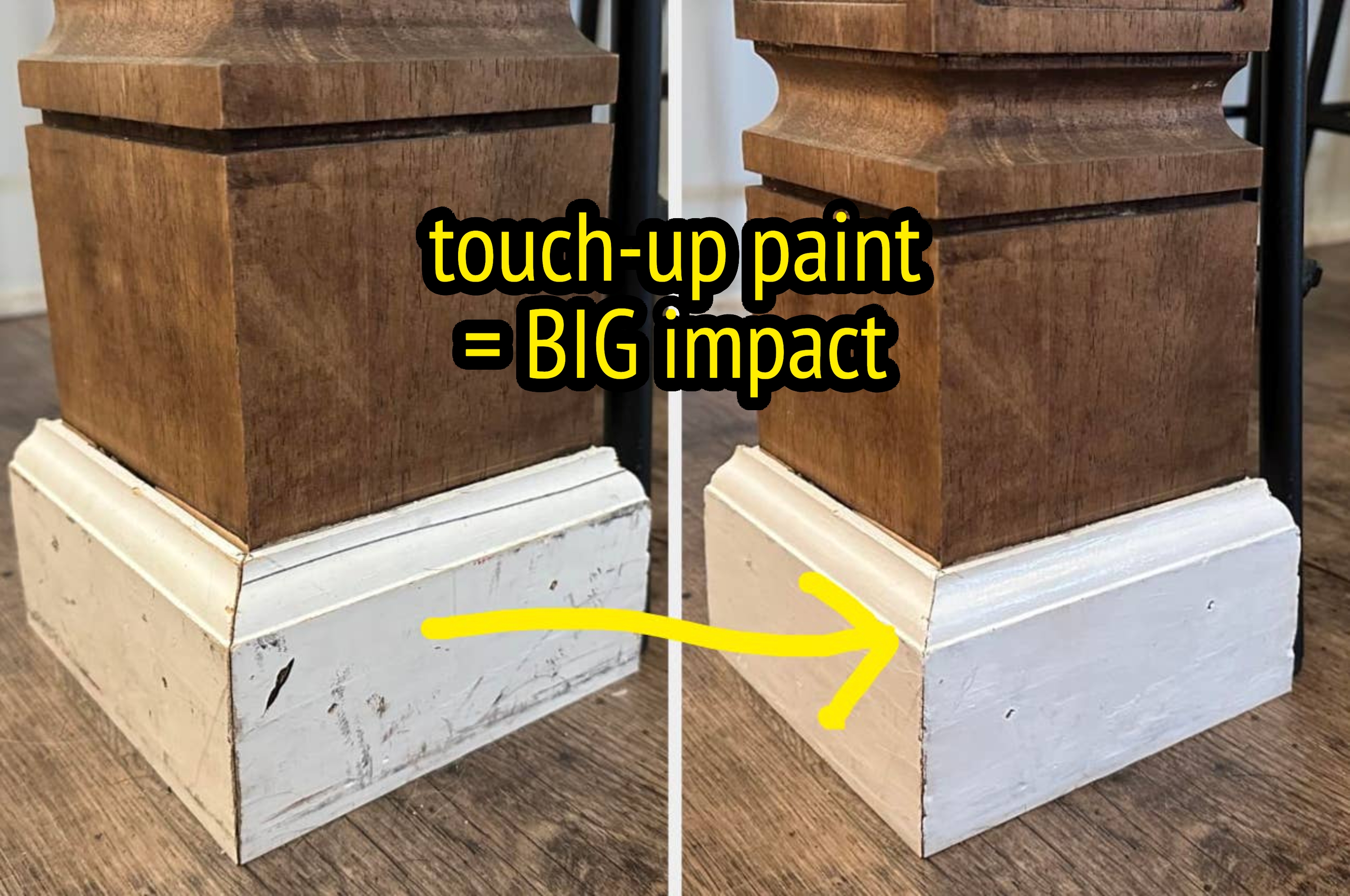 Two close-up images showing before and after results of touch-up paint on a baseboard, highlighting the improvement in cleanliness and appearance