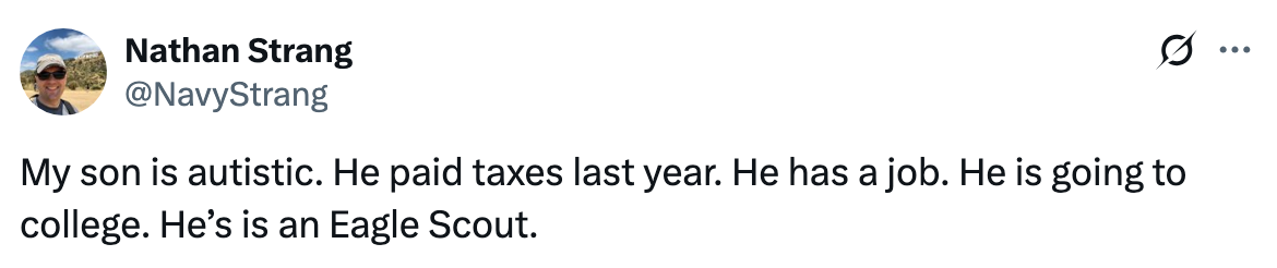 A tweet highlights a father's pride in his autistic son for paying taxes, having a job, attending college, and being an Eagle Scout