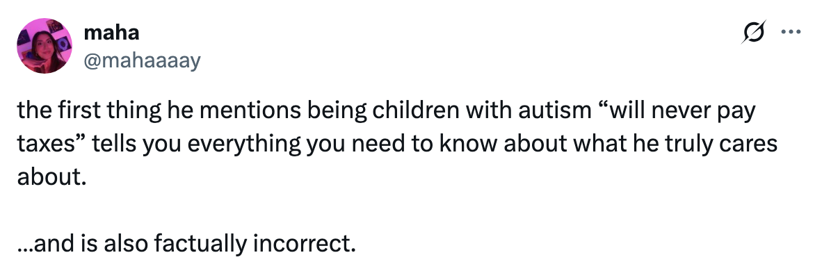 Tweet criticizing someone for making an incorrect statement about children with autism not paying taxes, suggesting it reveals their true priorities
