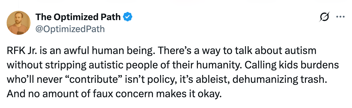 Tweet criticizing RFK Jr. for dehumanizing comments about autistic people, describing such views as ableist and unacceptable