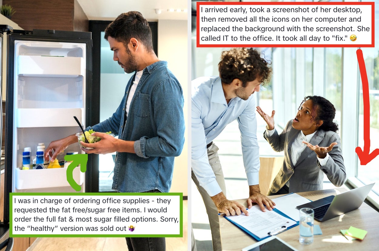 A man and a woman at work: the man holds a salad by a fridge; the woman gestures at a man and a laptop. Text details work mishaps