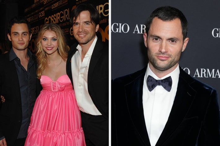 Three people in formal wear at a celebrity event; woman in a pink dress, flanked by two men in dark suits. On the right, a man in a velvet tuxedo at another event