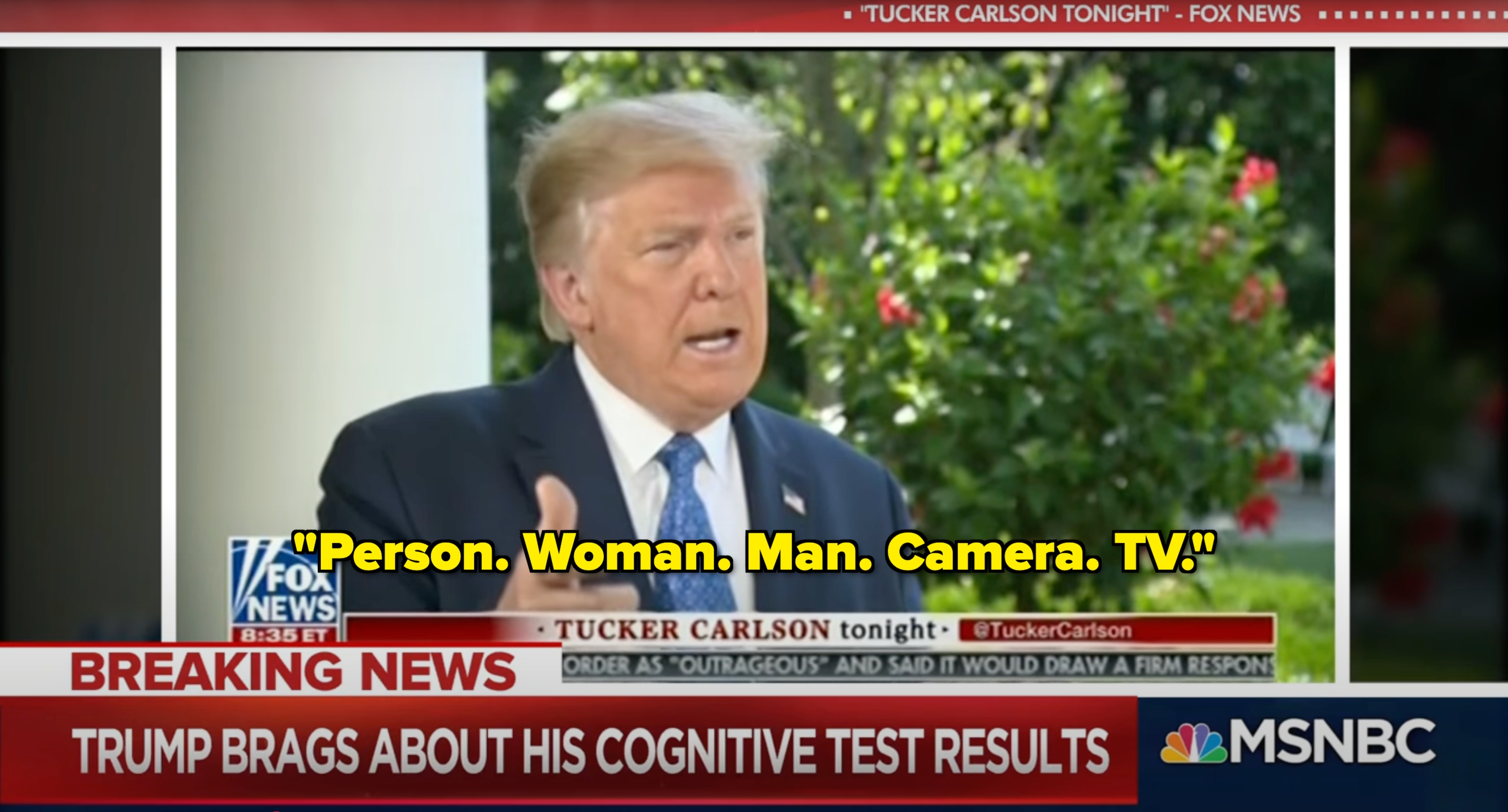 A person in a suit is speaking animatedly in an outdoor interview setting, with breaking news text about cognitive test results shown at the bottom