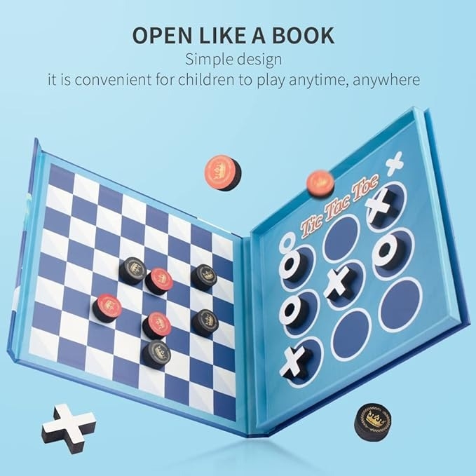 Open book-shaped tic-tac-toe and checkers game for kids, featuring a simple design for easy play anywhere