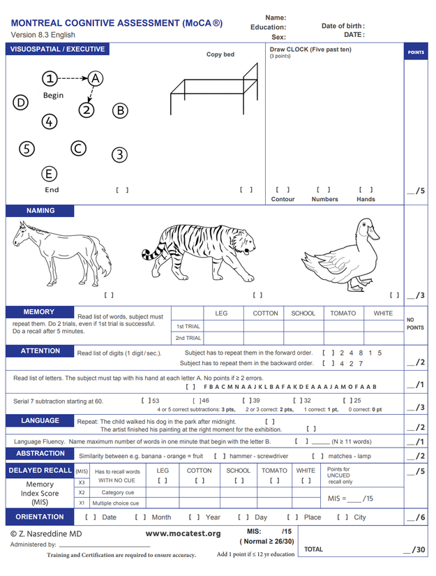 Montreal Cognitive Assessment form with sections on visuospatial skills, naming, memory, attention, language, abstraction, and orientation