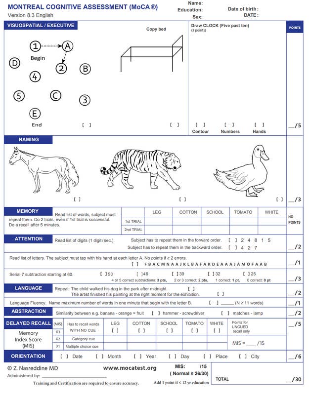 Montreal Cognitive Assessment form with sections on visuospatial skills, naming, memory, attention, language, abstraction, and orientation