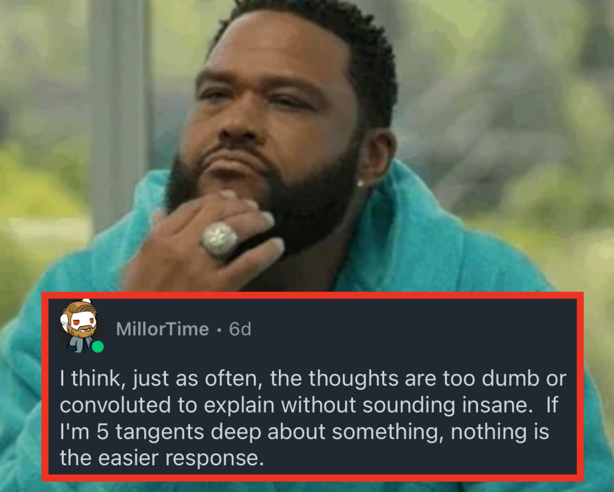 Person wearing a bathrobe with a thoughtful expression, resting their chin on their hand