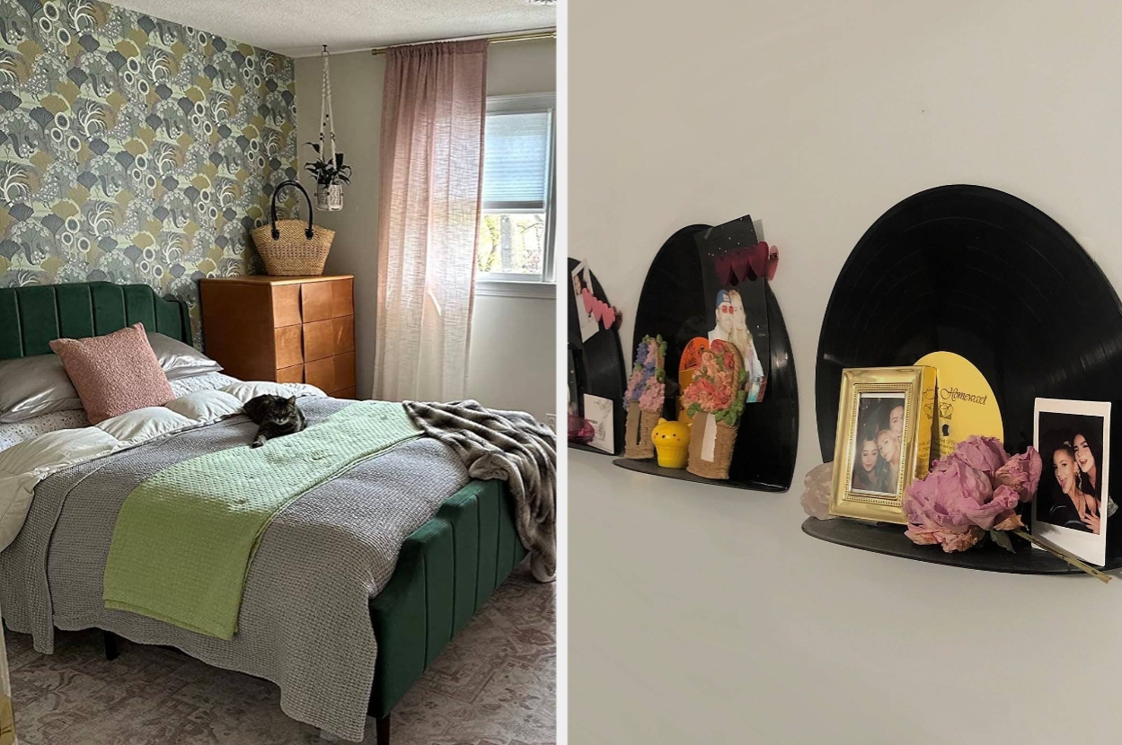 Stylish bedroom with cozy bedding and a retro-themed wall display featuring vinyl records as shelves, holding sentimental photos and small decor