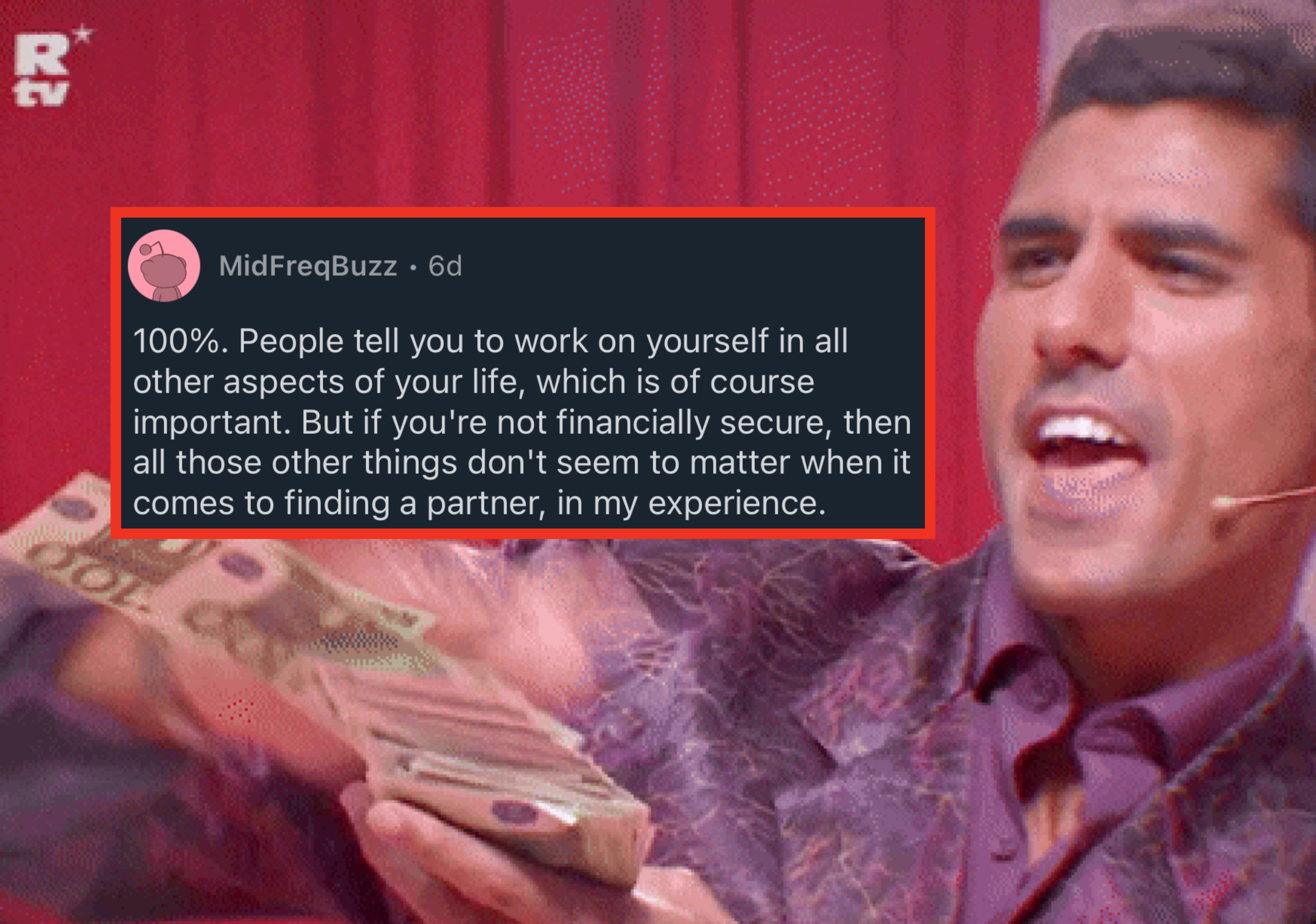 Person energetically fans Euros while speaking on a TV set, wearing a patterned blazer with a microphone attached