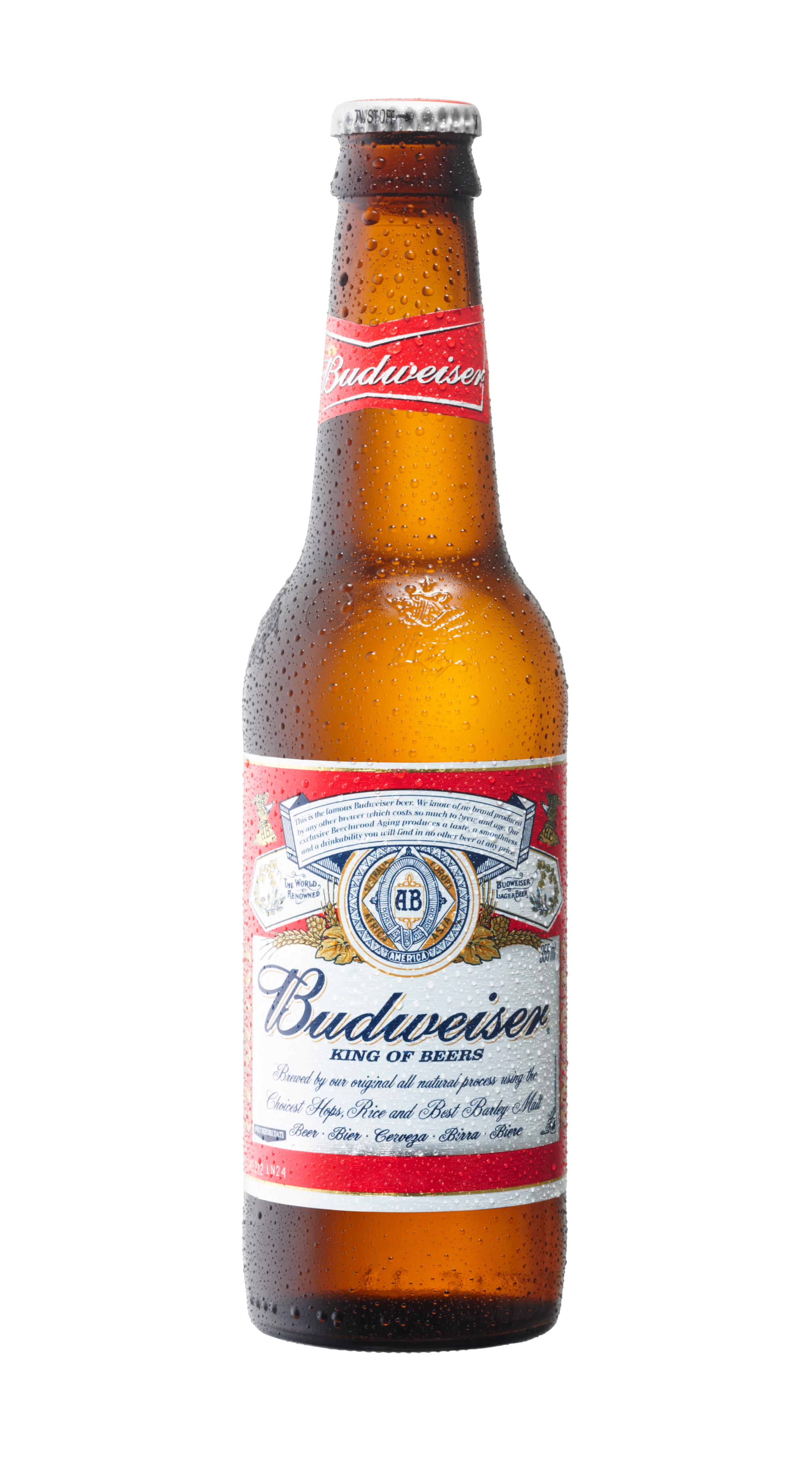 A Budweiser beer bottle with condensation, featuring a red and white label and the slogan "King of Beers."