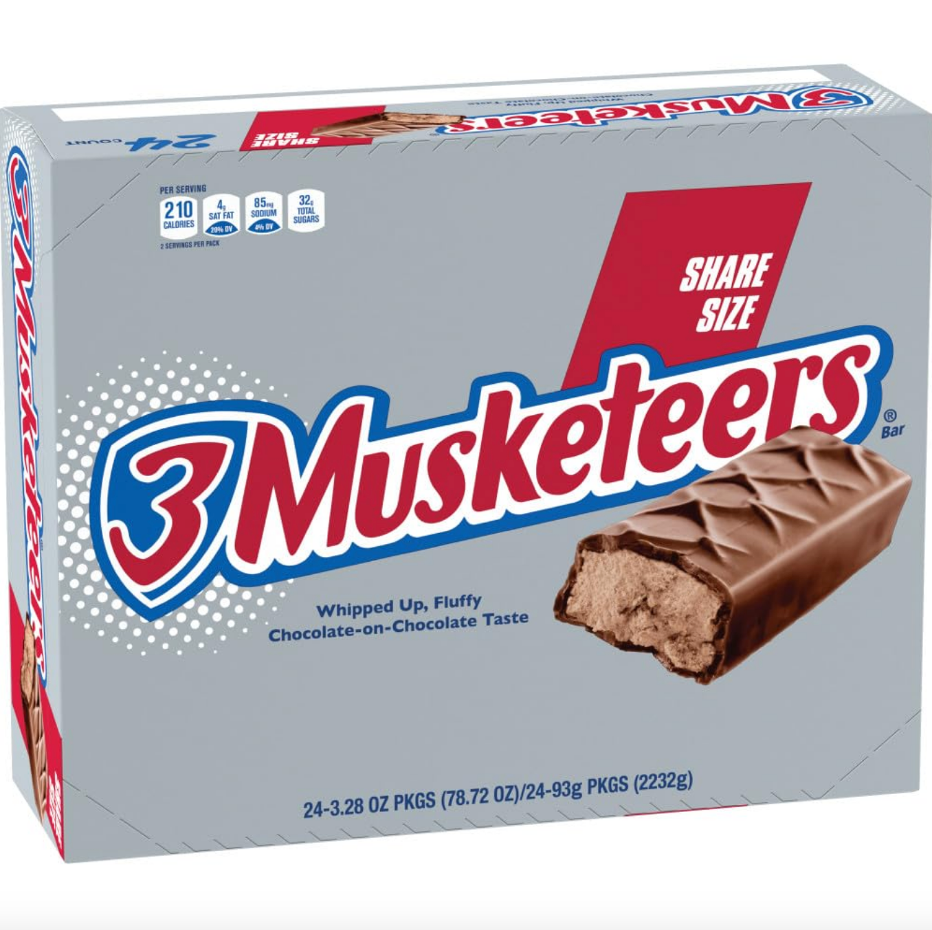 3 Musketeers chocolate bar package labeled "Share Size," highlighting its whipped chocolate-flavored filling