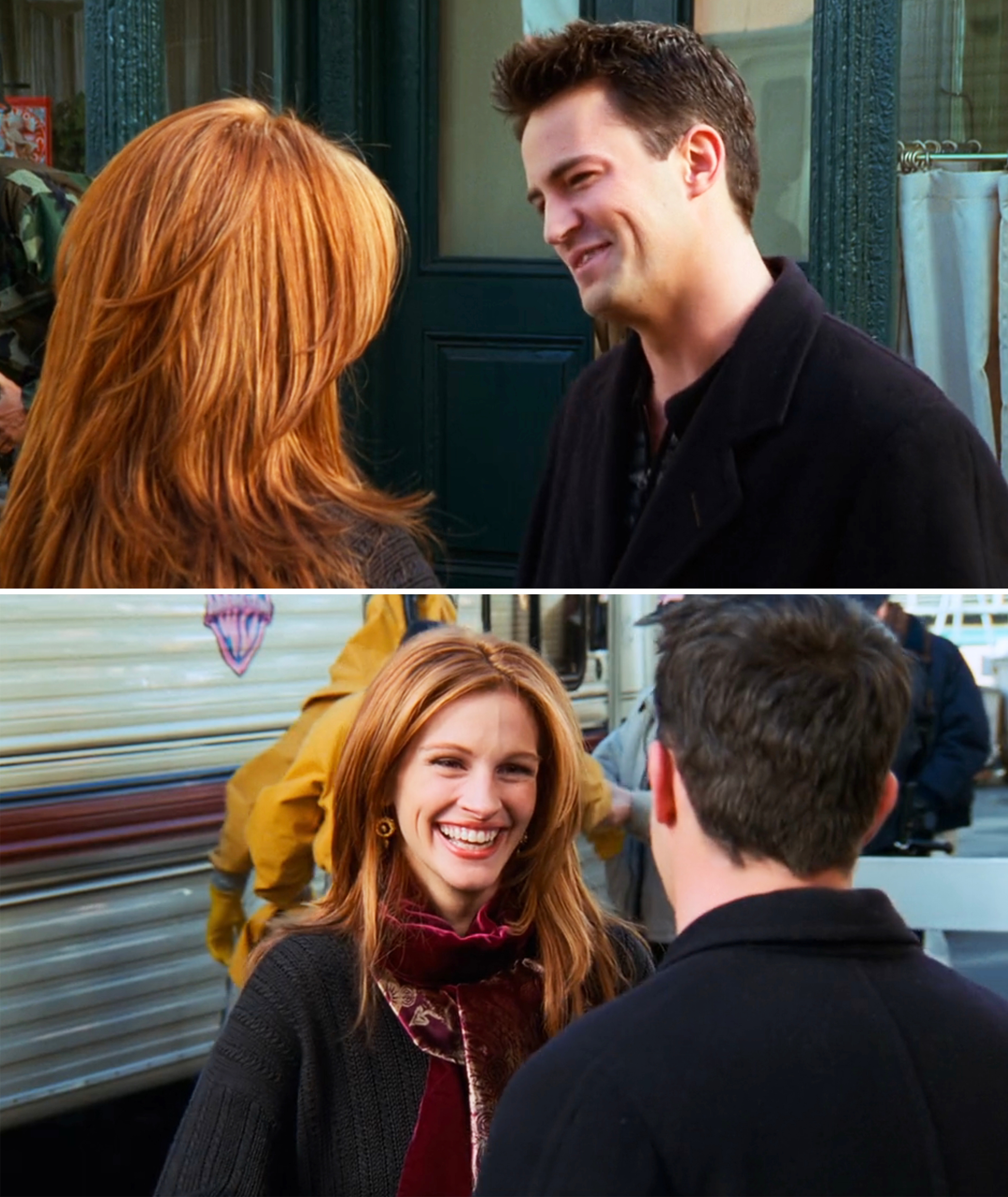 Julia and Matthew smiling at each other during a scene from "Friends"