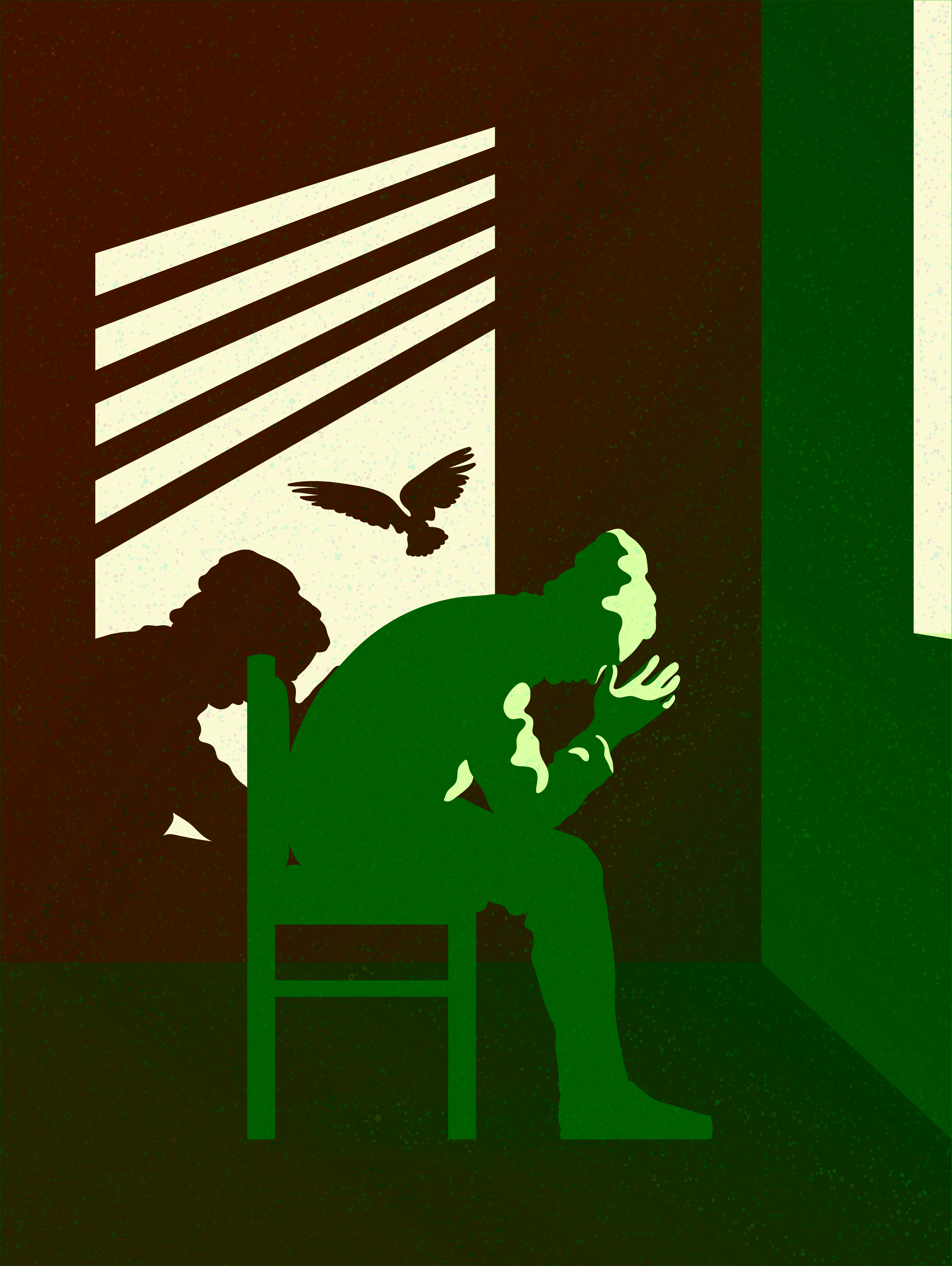 Silhouettes of a seated person with head in hands and an owl, symbolizing contemplation and wisdom, in a minimalist room with light from a window
