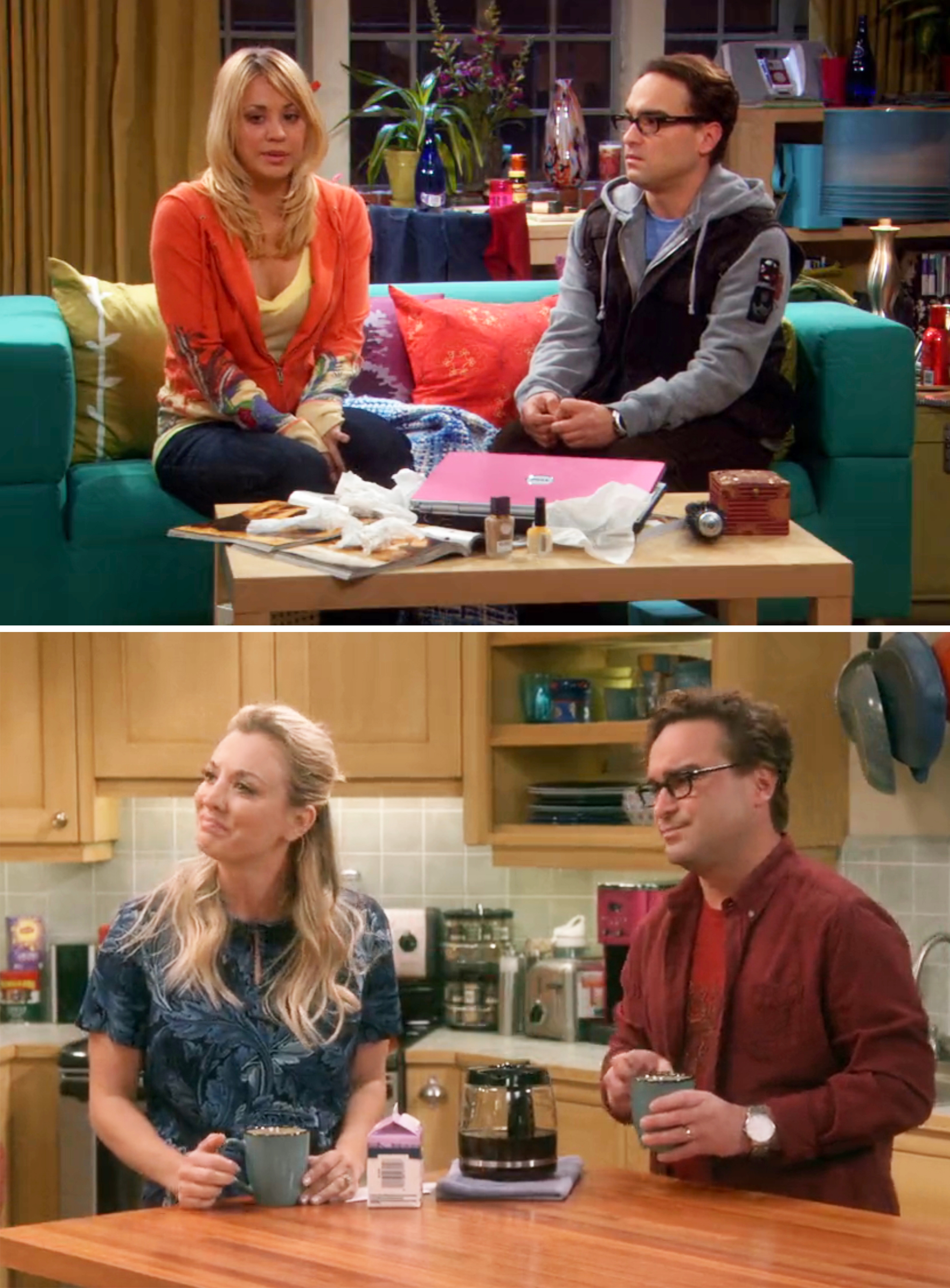 Penny and Leonard in Season 1 vs. Season 12 of The Big Bang Theory