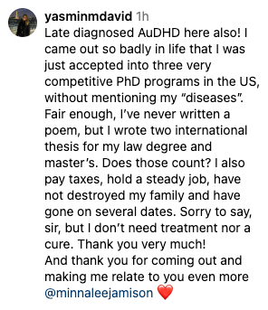 Person shares feeling misrepresented, mentioning acceptance into PhD programs without discussing personal conditions. Thanks for relatable content