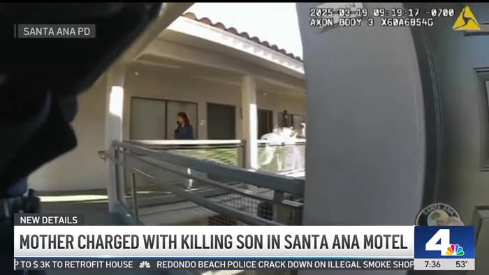 Screenshot of news broadcast: "Mother charged with killing son in Santa Ana motel," with an inset body cam view of a motel hallway