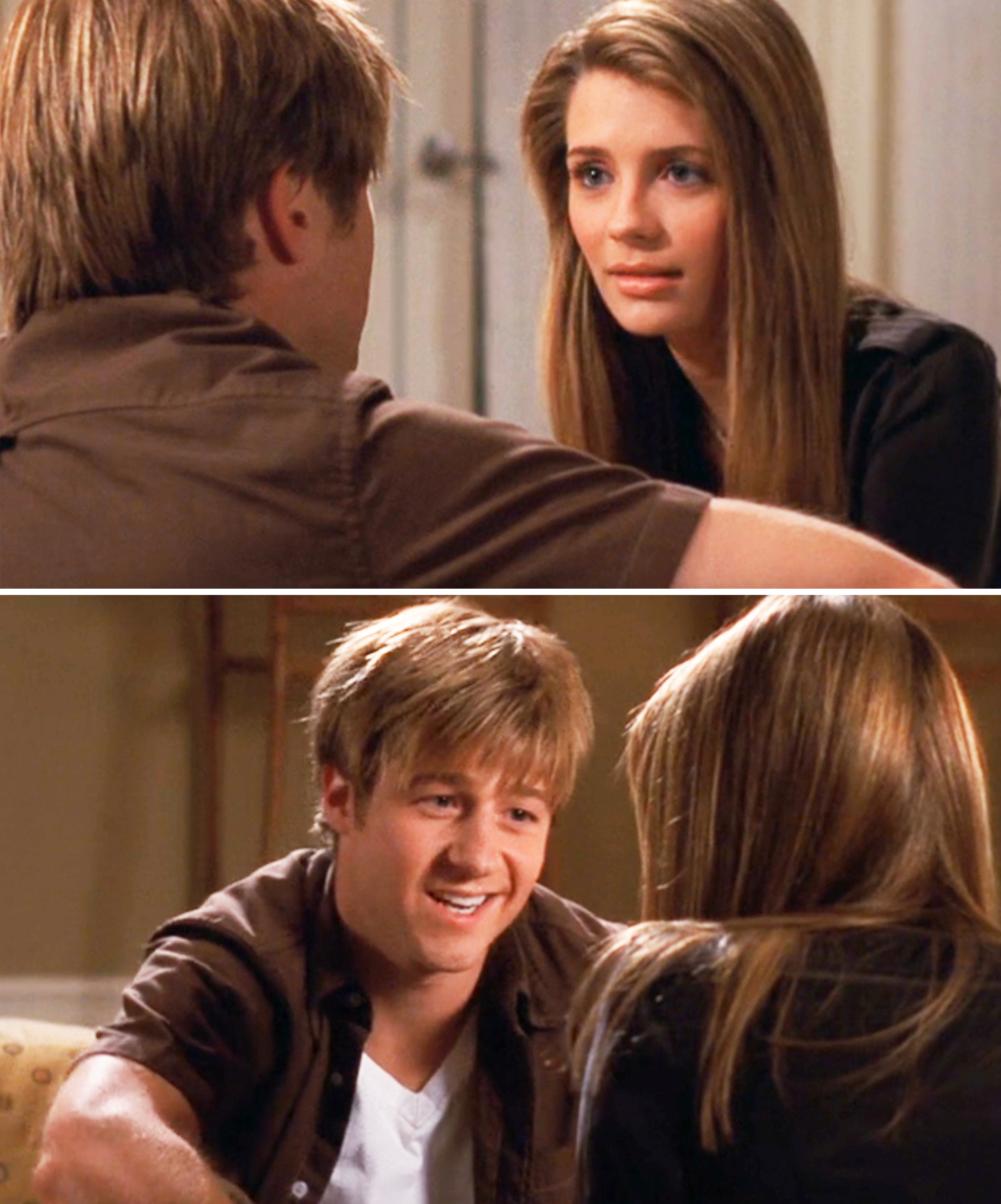 Marissa and Ryan smiling and talking in a scene from "The OC"