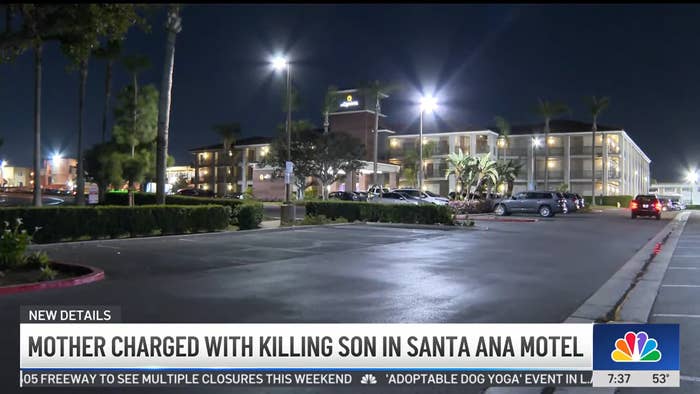 Nighttime view of a Santa Ana motel. News headline: "Mother charged with killing son in Santa Ana motel."