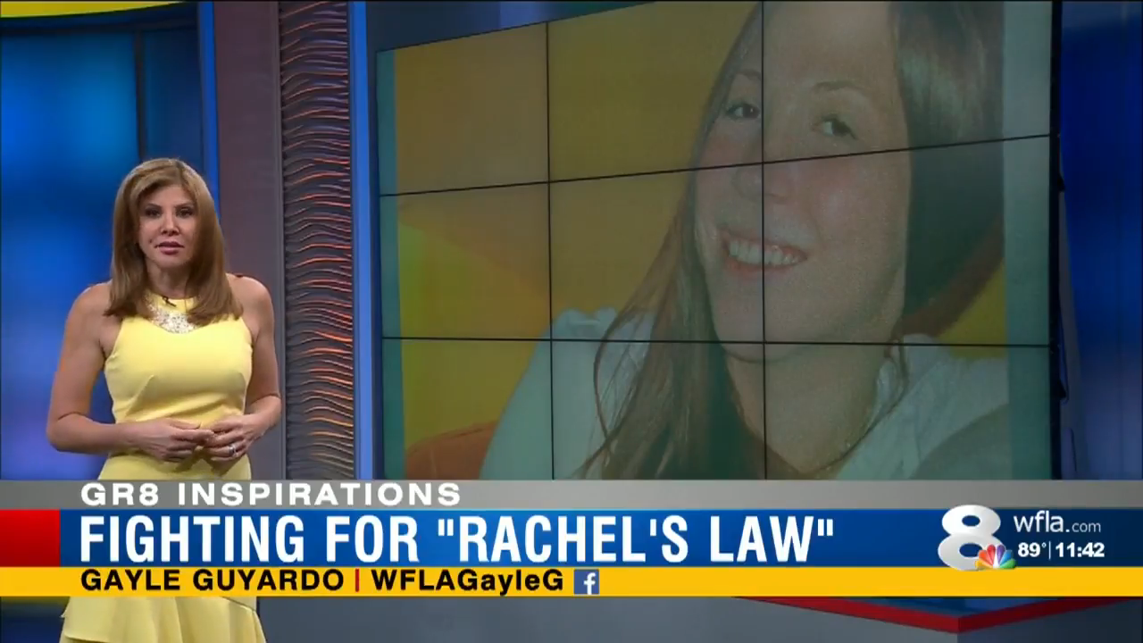 News anchor beside a display of a smiling woman's photo. Headline: "Fighting for 'Rachel's Law'" with reporter's name and network details