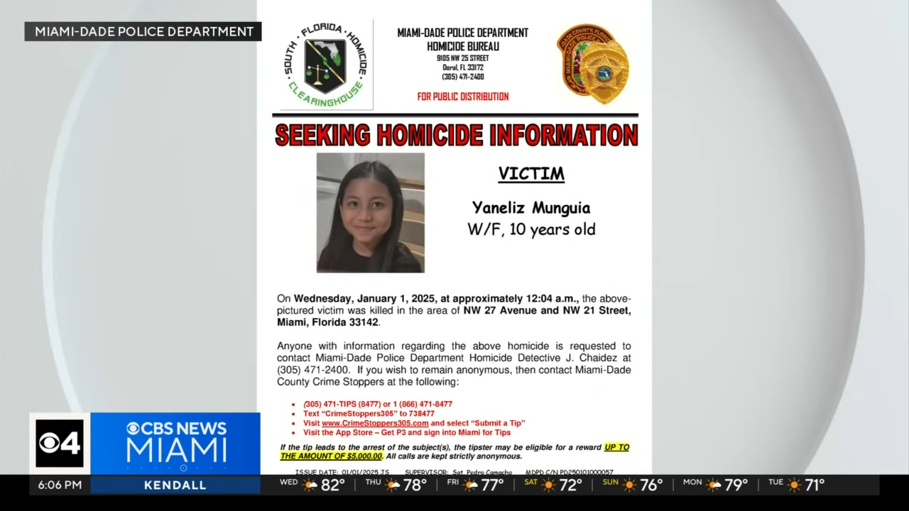 Summary of notice: Miami-Dade Police seek info on 2005 homicide of 10-year-old Yaneliz Munguia, last seen NW 27 Ave and 23rd Street, Miami. Contact details provided