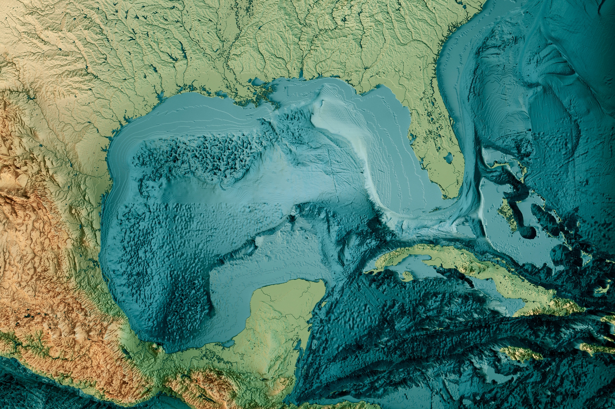 Map showing the Gulf of Mexico's underwater topography and surrounding regions including parts of the U.S., Mexico, and Caribbean islands