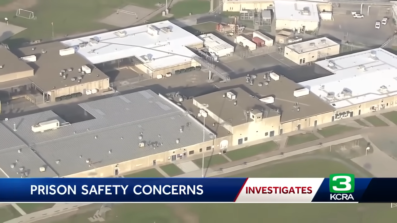 Aerial view of a prison complex with the text "Prison Safety Concerns" and "Investigates KCRA 3" on the image