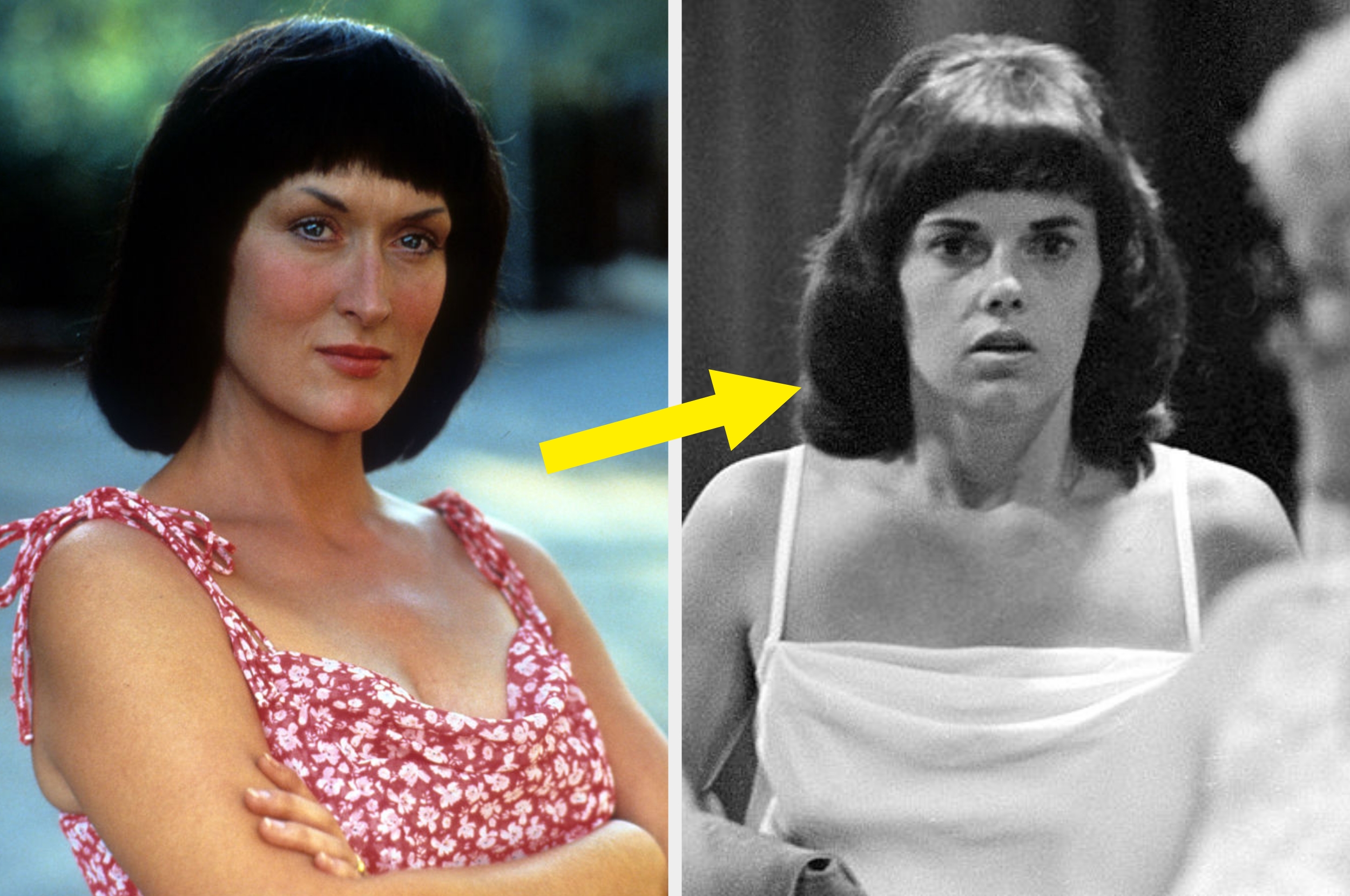 Two side-by-side photos: a person in a floral dress on the left and a black-and-white photo with a person wearing a tank top on the right.