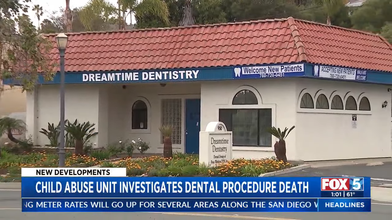 News image of Dreamtime Dentistry building. Fox 5 reports: "Child abuse unit investigates dental procedure death."