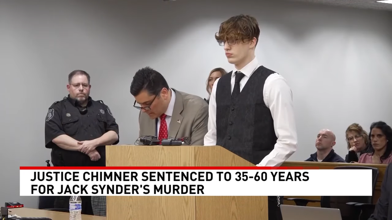 Courtroom scene with a young man in a vest and tie standing at a podium. Text: Justice Chimner sentenced to 35-60 years for Jack Synder's murder