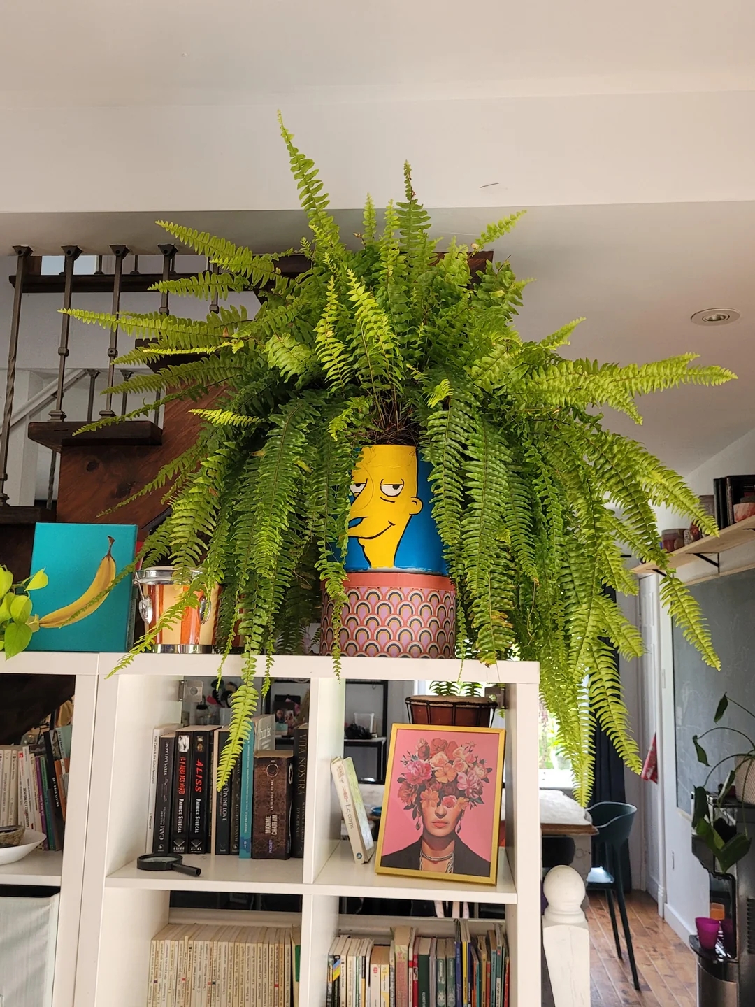 A fern in a pot with a cartoon face sits atop a white bookshelf filled with books and framed art in a bright, modern living room