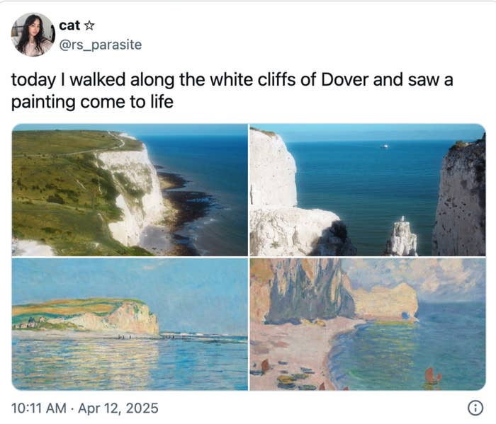 Four images compare the white cliffs of Dover to paintings, highlighting their similarity. Text above reads: "today I walked along the white cliffs of Dover and saw a painting come to life."