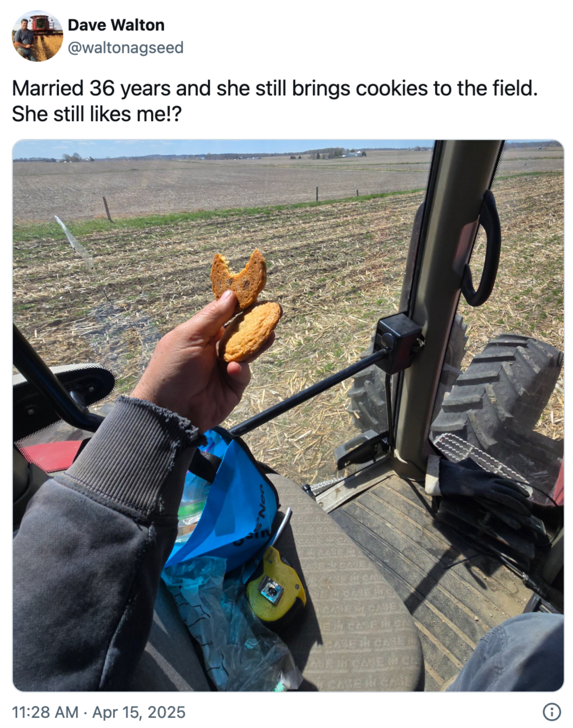 Person in tractor holds two cookies; landscape outside. Caption reflects on 36 years of marriage, questioning if spouse still likes them due to the cookies