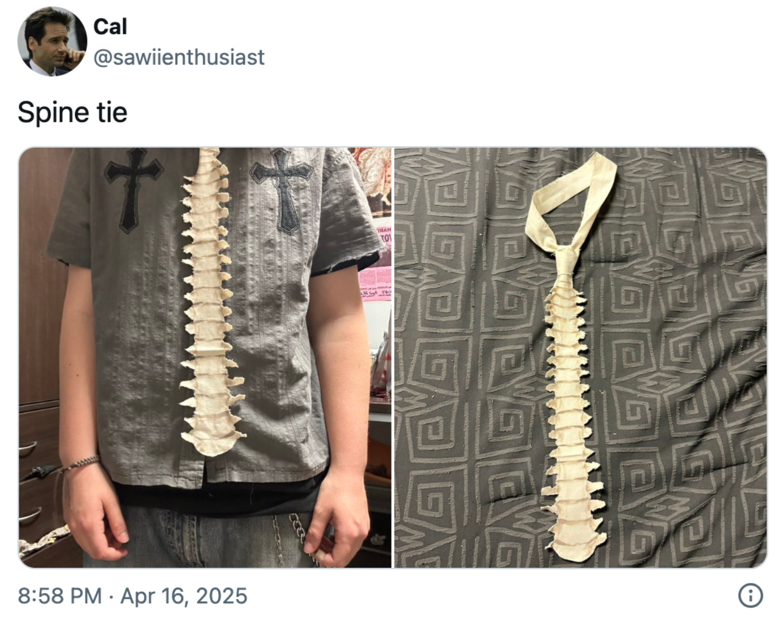 Close-up of a person wearing a spine-inspired tie and a separate image of the tie on a patterned surface