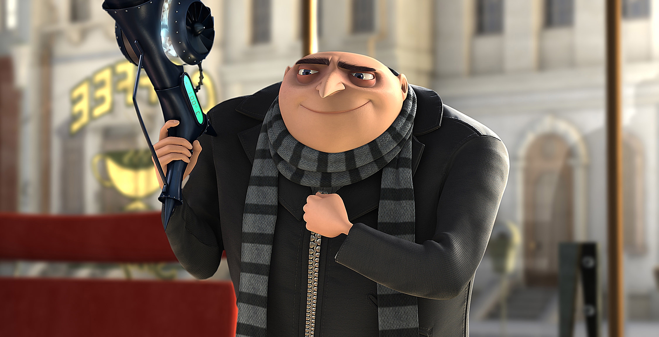 Animated character Gru from "Despicable Me" holding a gadget in a stylish villain outfit with a scarf